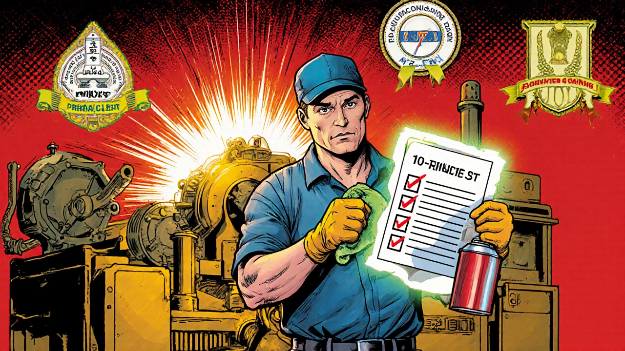 Worker performing machine maintenance with a glowing checklist, transforming a broken machine into a working one in comic book style.