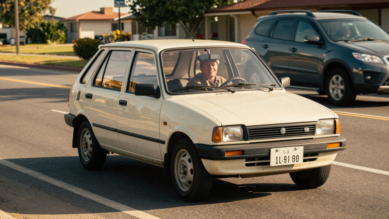 A 1999 Maruti 800 driving on a sunny American highway, legally imported under the 25-year rule.
