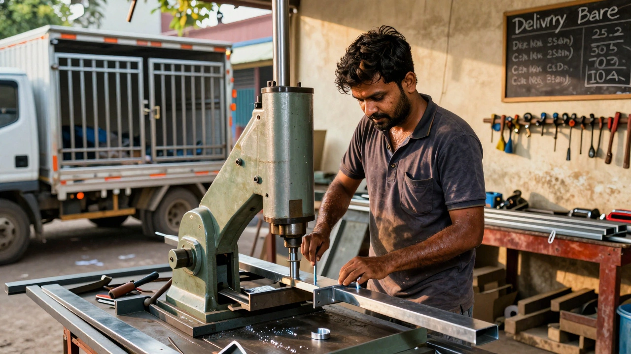 A metal fabricator crafting custom steel brackets in a small Indian workshop, tools and finished railings around him.