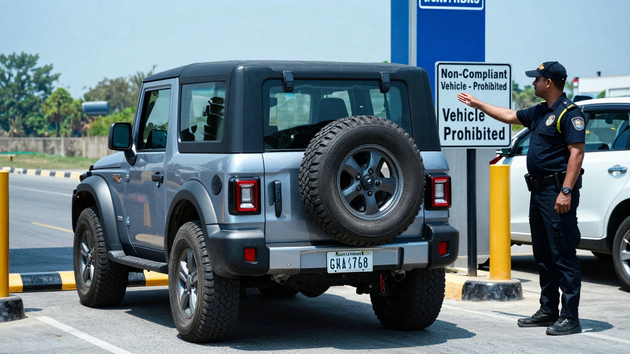 A right-hand drive Mahindra Thar being denied entry at a U.S. border checkpoint.