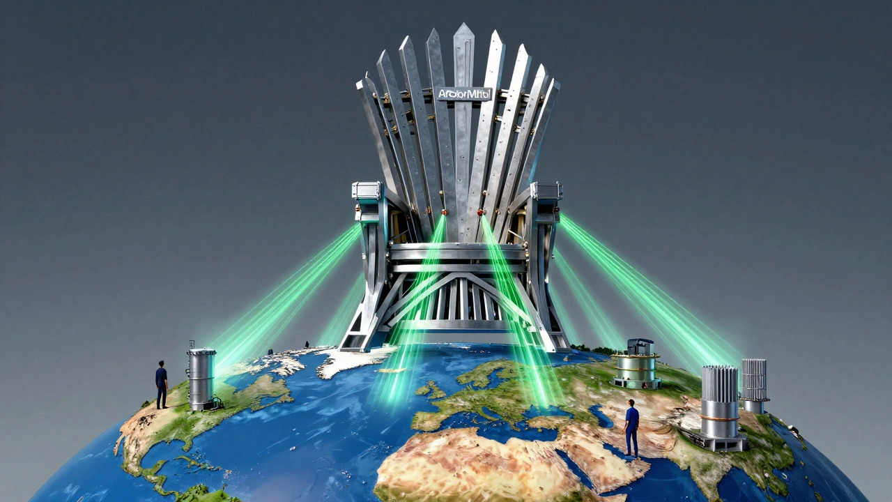A throne of steel beams over a globe, with global steel producers looking up as green energy radiates outward.
