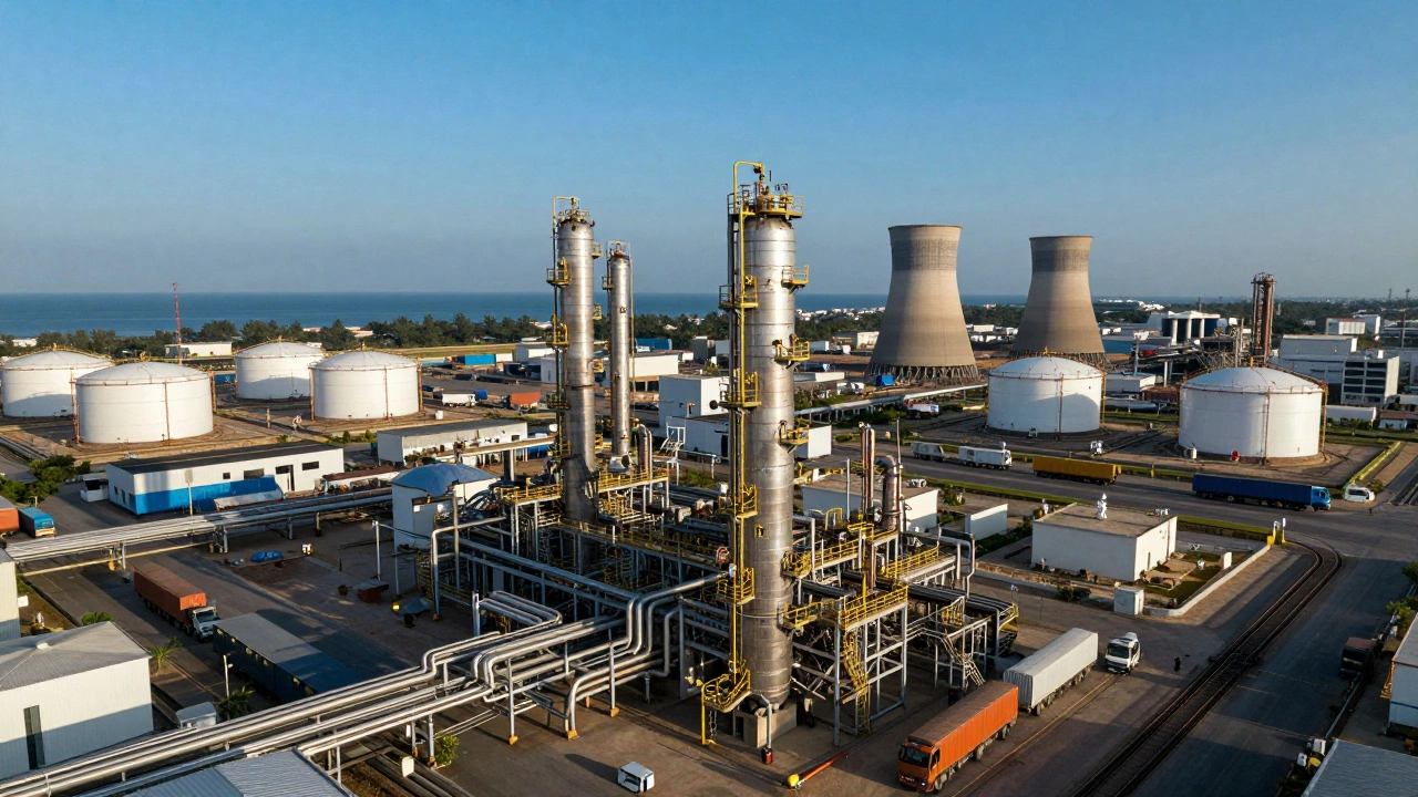 Aerial view of interconnected chemical plants and pipelines around Jamnagar, Gujarat.