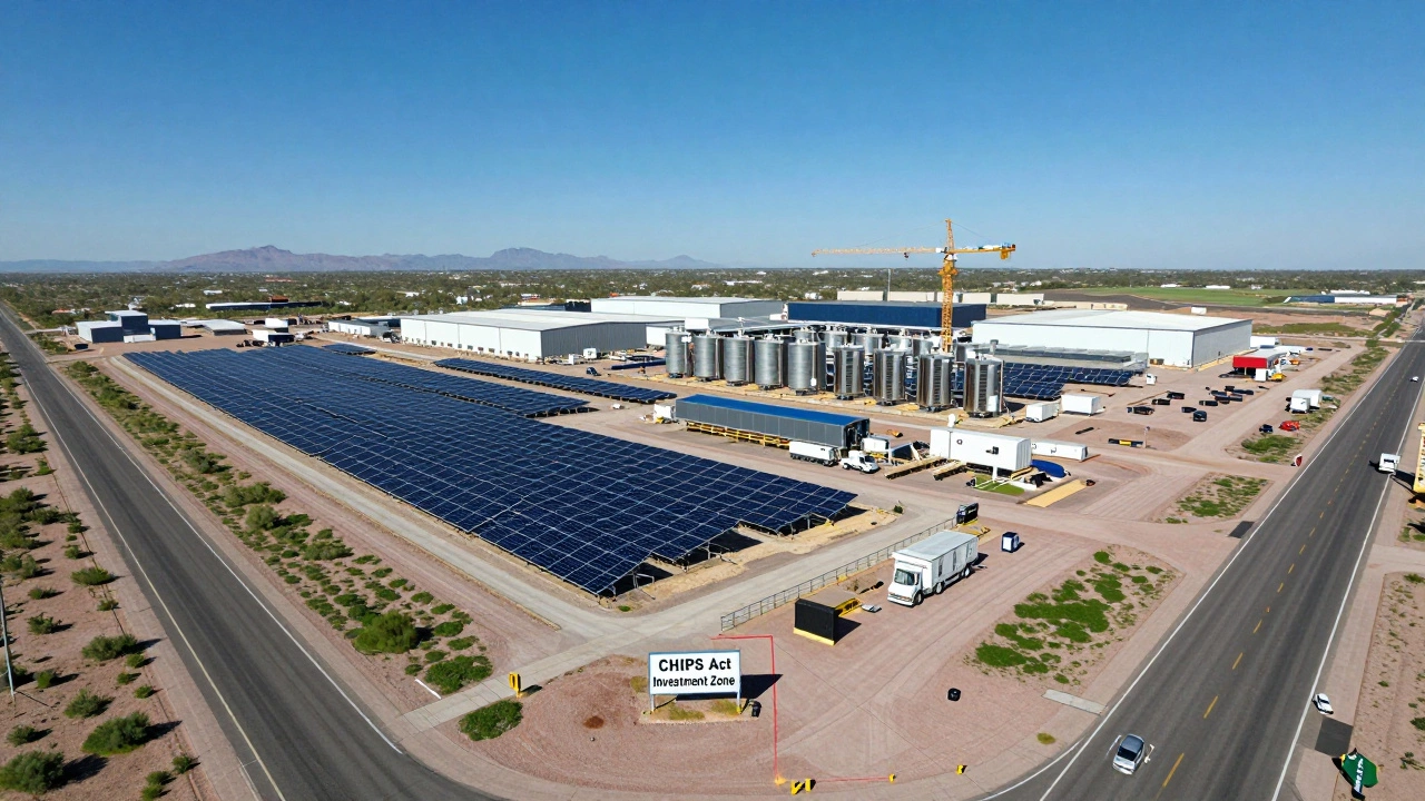 Aerial view of new solar and battery manufacturing plants under construction.