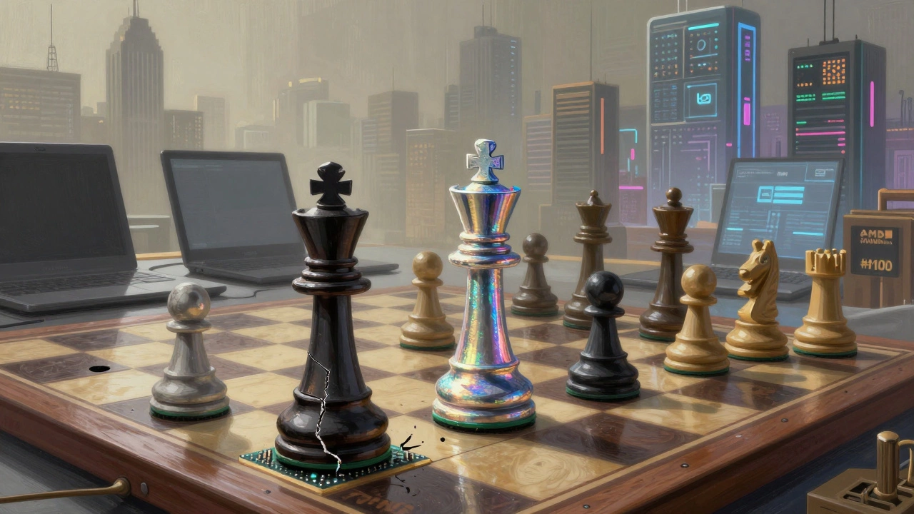 Chessboard with Intel's damaged king versus TSMC's advancing queen and top tech clients