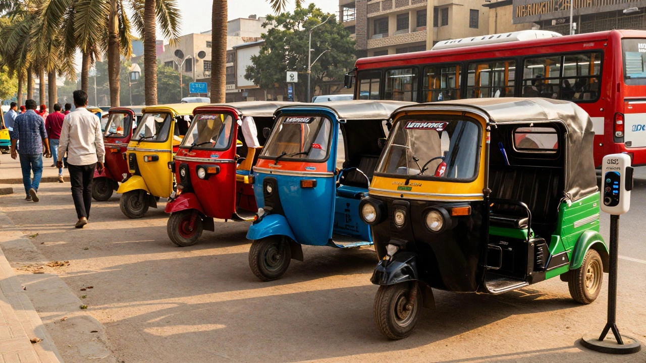 Colorful electric rickshaws and an electric bus charging at a station in Lahore.