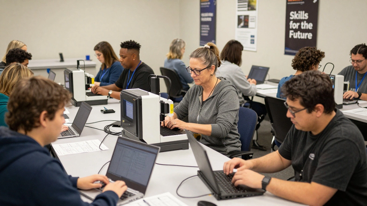 Diverse adults learning to operate CNC machines in a community college workshop.