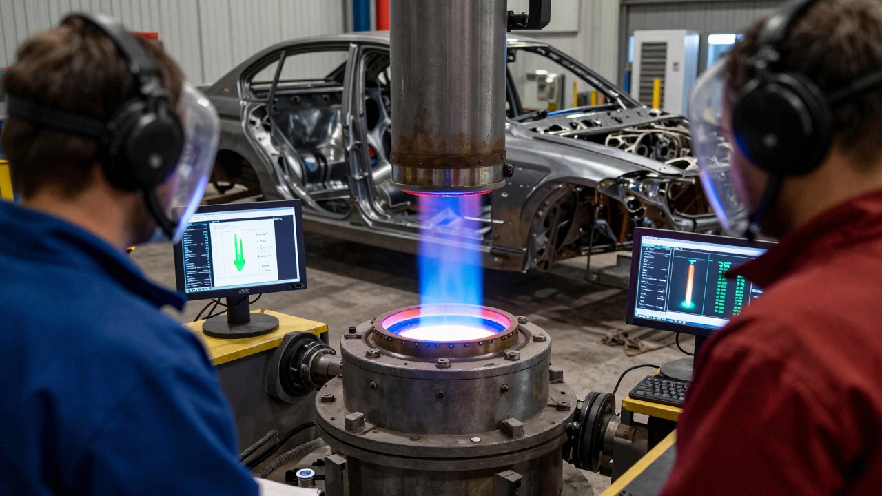 Engineers beside a hydrogen-powered steel reactor with digital readouts and a BMW frame nearby.