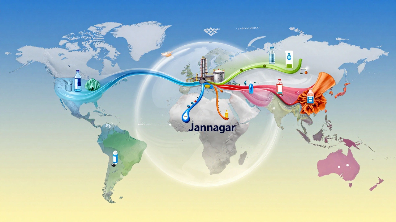 Global flow of chemicals from Jamnagar to everyday products like plastics, medicines, and textiles.