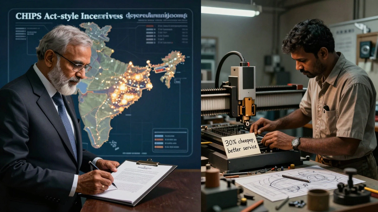 Government policy document beside a small workshop owner choosing machinery in Tamil Nadu.