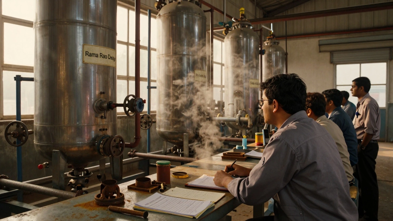Indian chemical plant operators monitoring a reactor designed by Dr. Rama Rao.