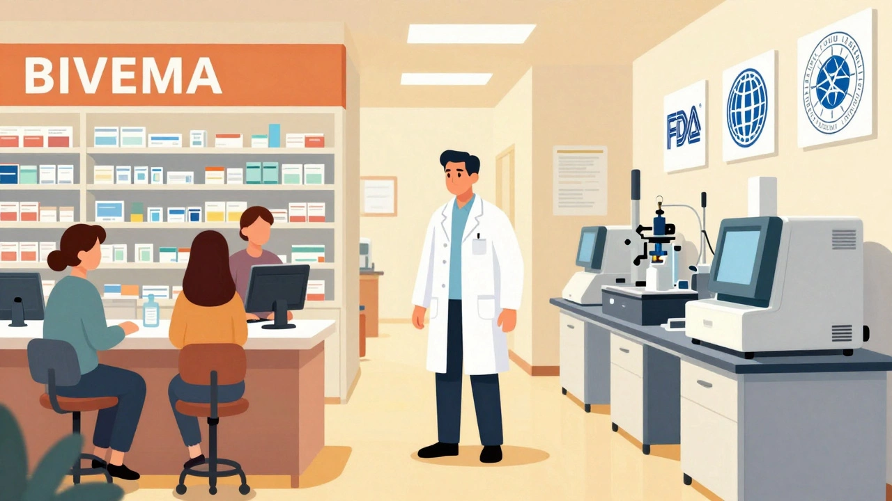 Pharmacist standing between a small retail pharmacy and a high-tech lab, symbolizing career advancement through skills and relocation.