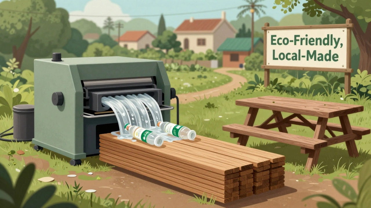 Recycled plastic being turned into eco-friendly lumber boards in a simple local factory setup.