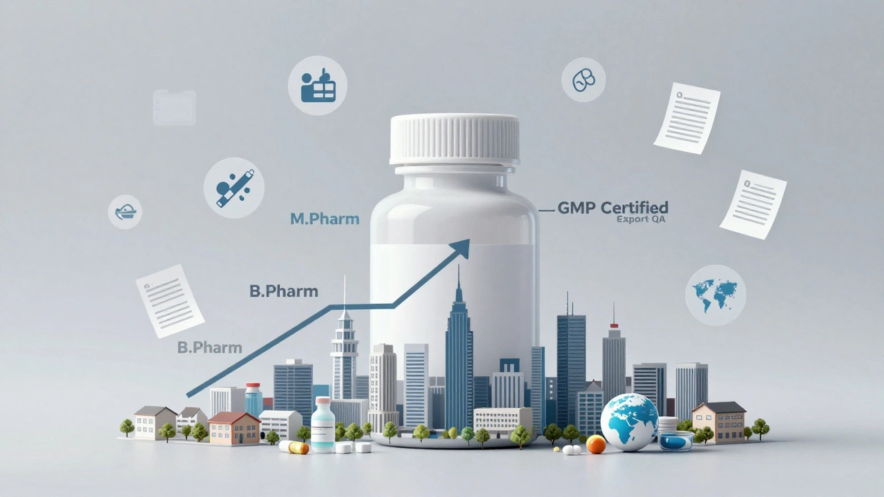 Salary growth graph shaped like a pharmacy bottle rising from a town to a city skyline with certification icons along the path.