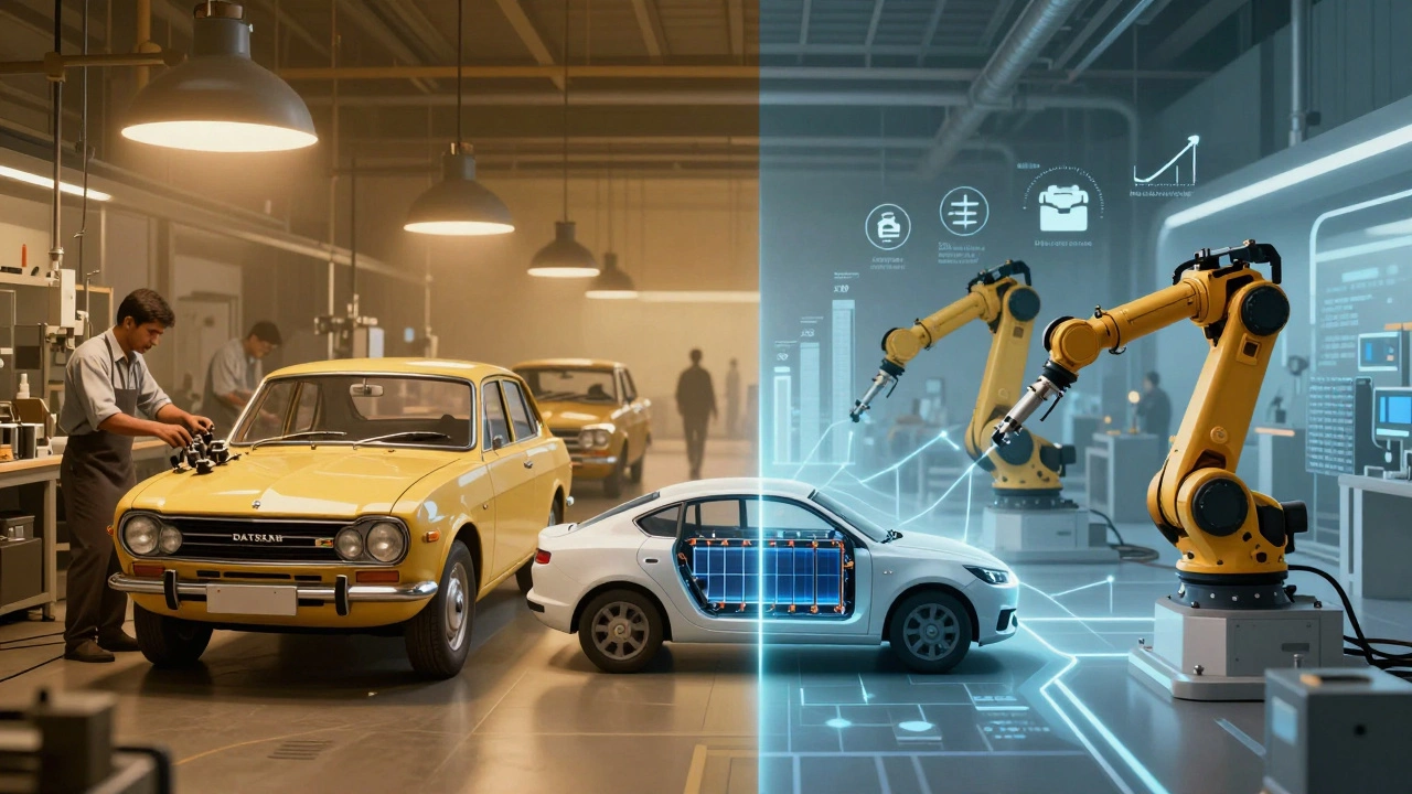 Split image showing Pakistan's auto industry evolution from 1960s assembly to modern EV production.