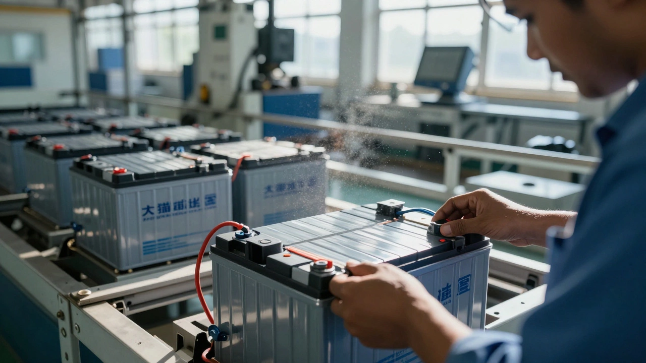Technician installing imported Chinese battery into electric car in Indian factory.