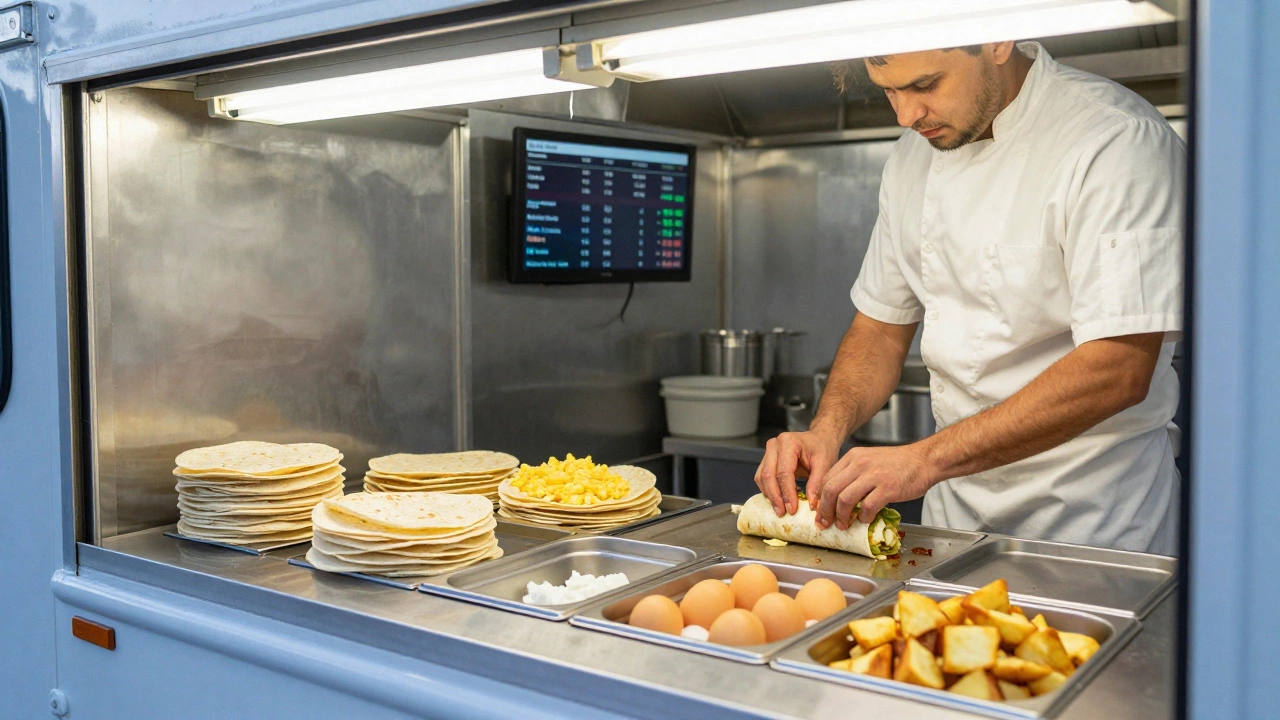 A chef efficiently assembling breakfast burritos in a clean, organized truck kitchen.