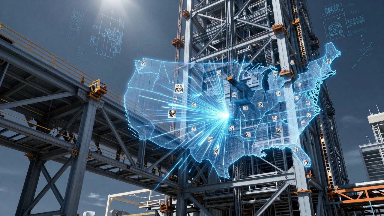 A complex steel structure assembled from beams labeled with QR codes, converging from across the U.S.
