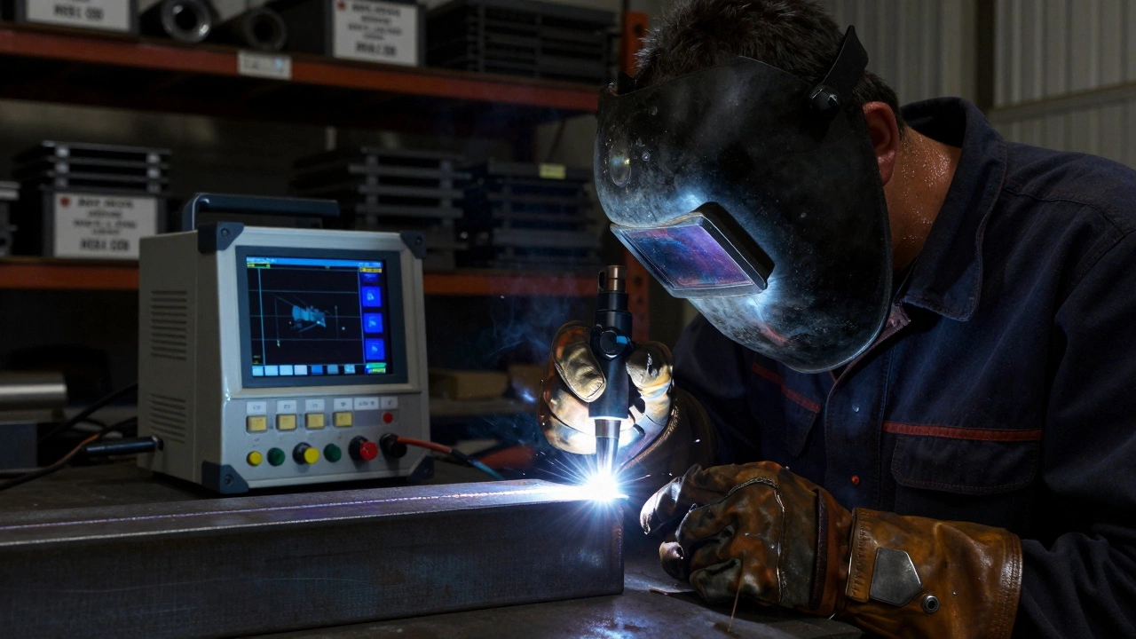 A welder inspecting a precision joint with laser scanning equipment in a dim workshop.
