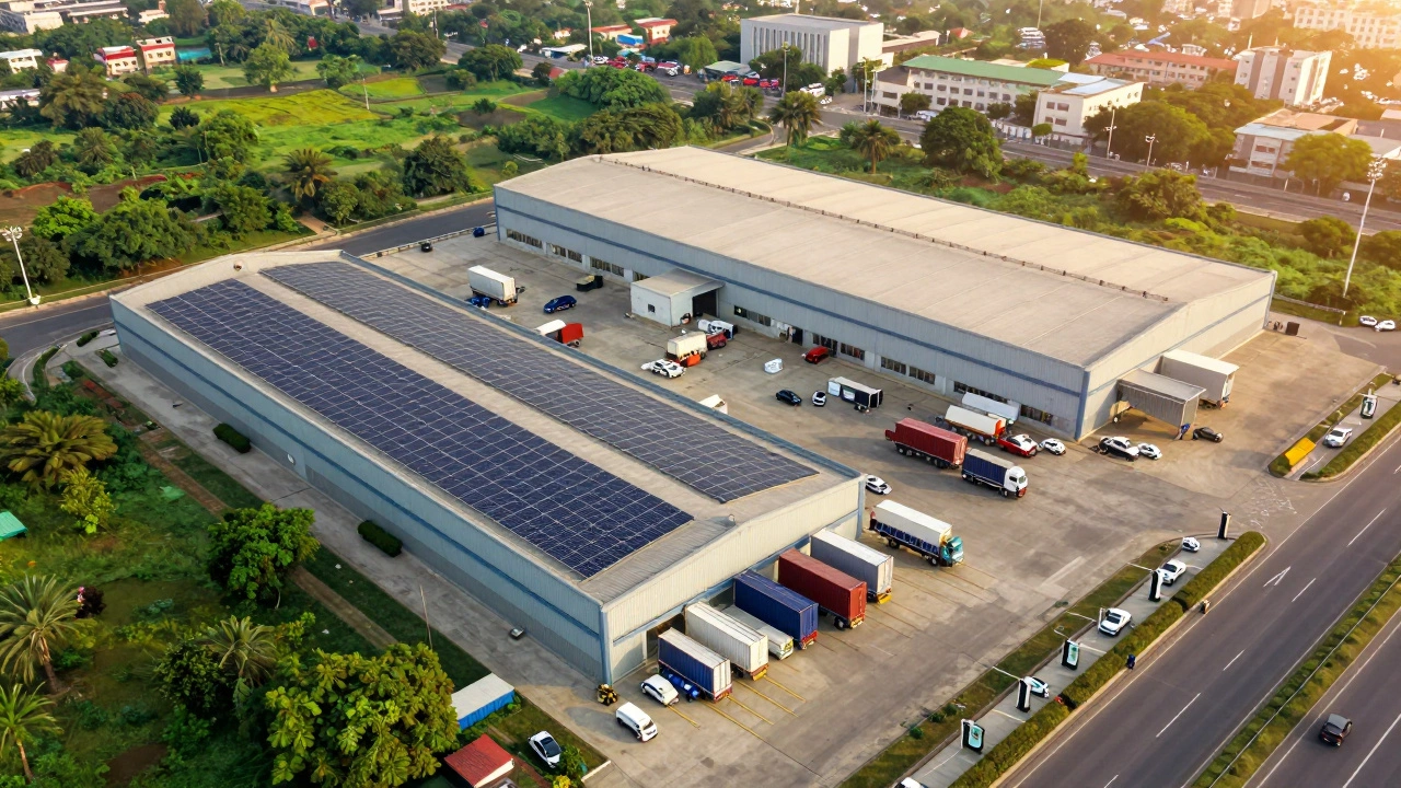 Aerial view of India's electronics manufacturing zone with factories, trucks, and solar rooftops.