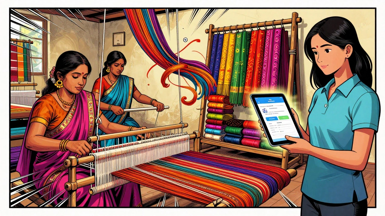 Colorful textile unit with handlooms and digital Udyam registration certificate glowing nearby.