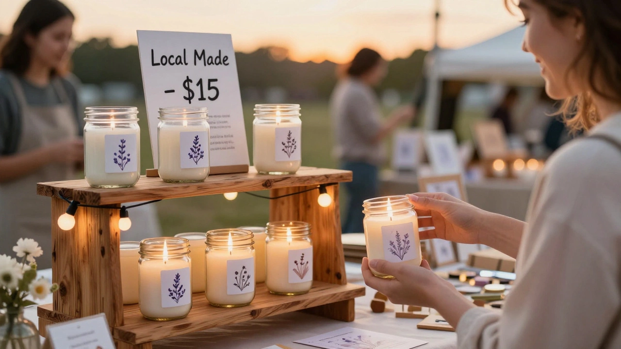 Customer holding a handmade candle at a small craft fair with warm sunset lighting.