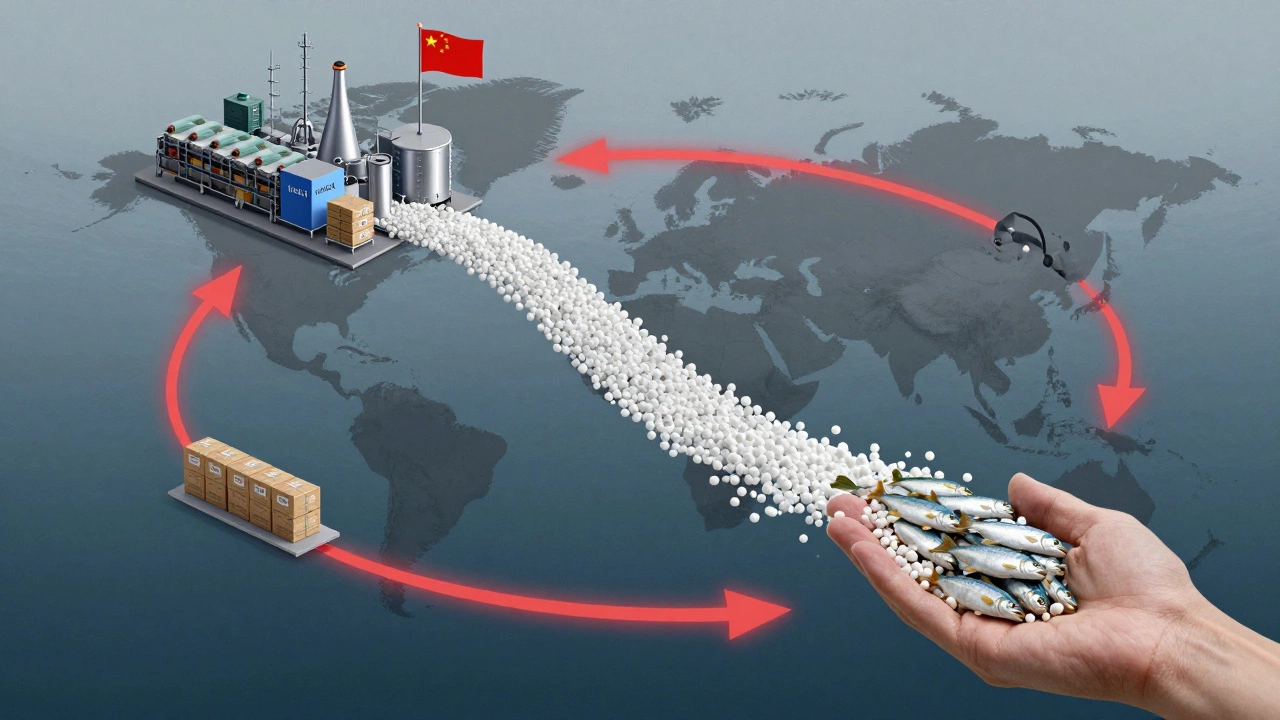 Global plastic journey from factories to ocean, ending in marine life and human consumption.