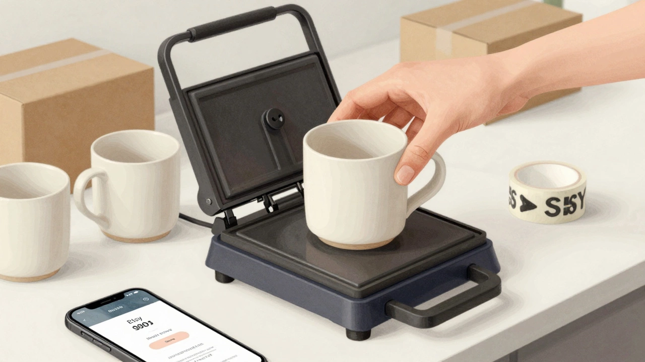 Hand placing a ceramic mug into a small heat press on a kitchen counter with packaging supplies.