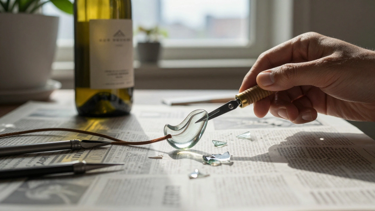 Hands crafting jewelry from a recycled wine bottle with leather cord and sunlight.