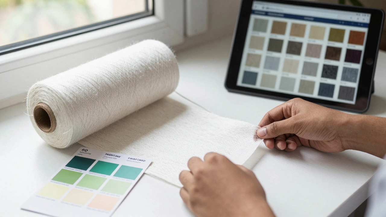 Hands unrolling a sample of organic cotton fabric with color swatch and digital tablet nearby.