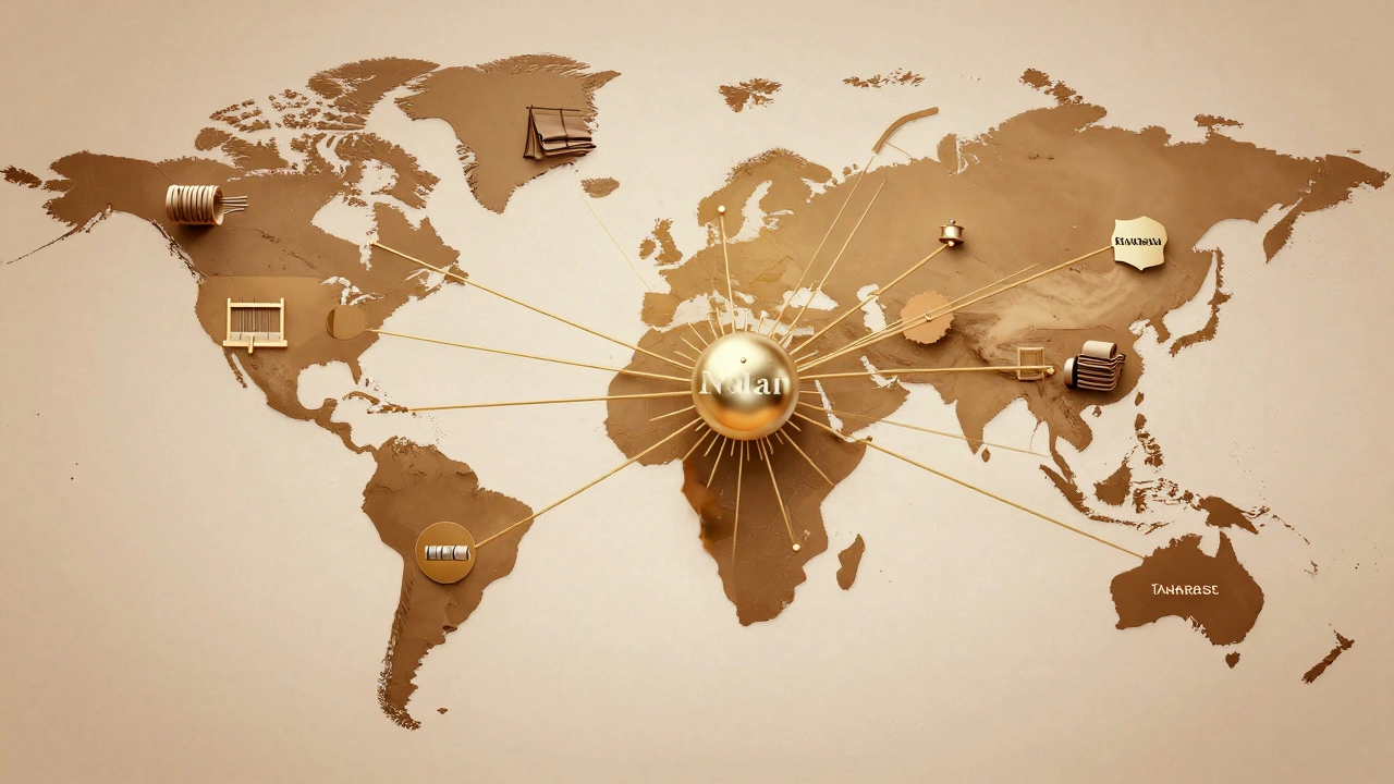 India as a central textile hub with golden threads connecting to global markets on a world map.