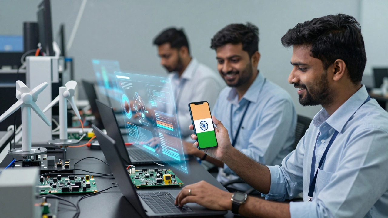 Indian engineers testing smartphones and circuit boards in a high-tech research lab.