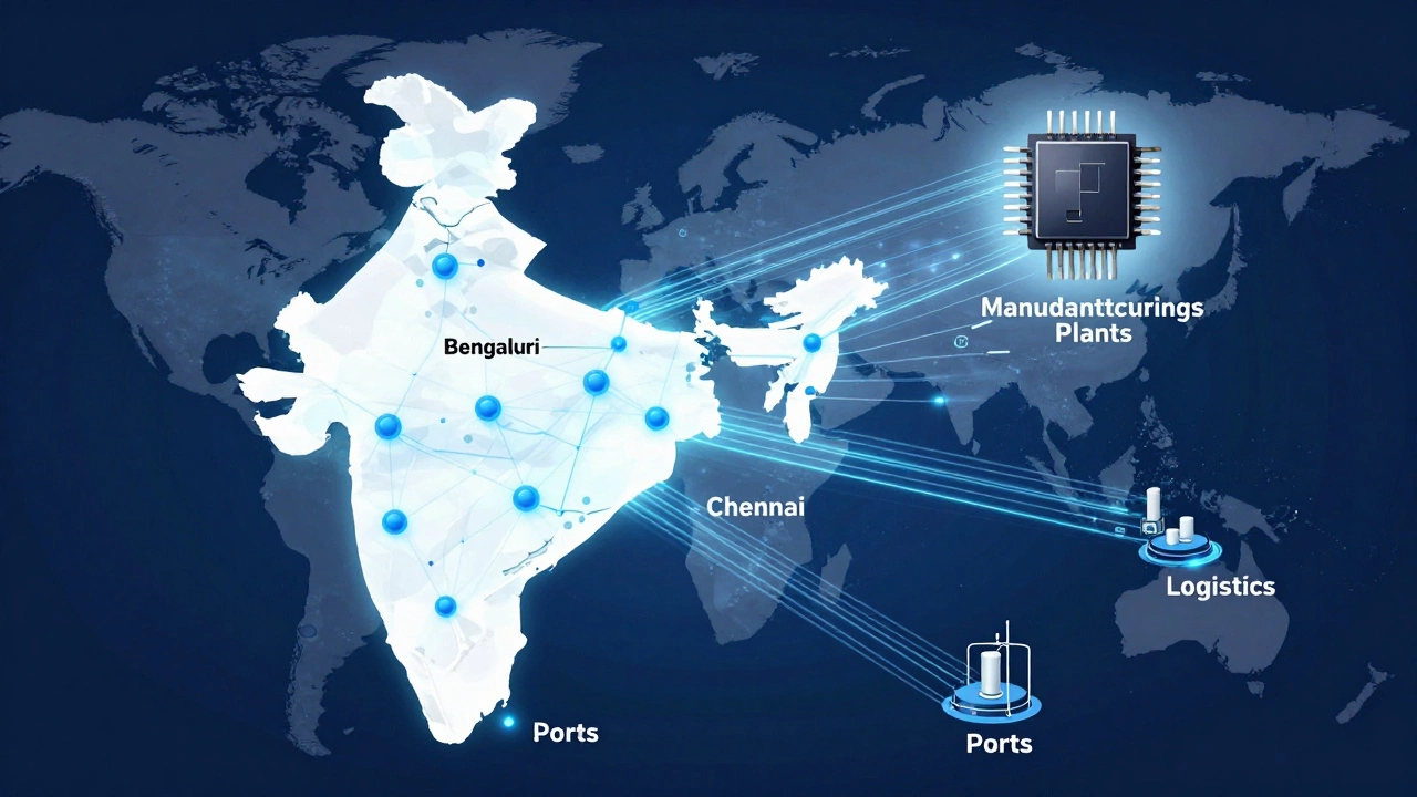 Map of southern India showing connected electronics hubs with global supply streams and missing semiconductor plants.