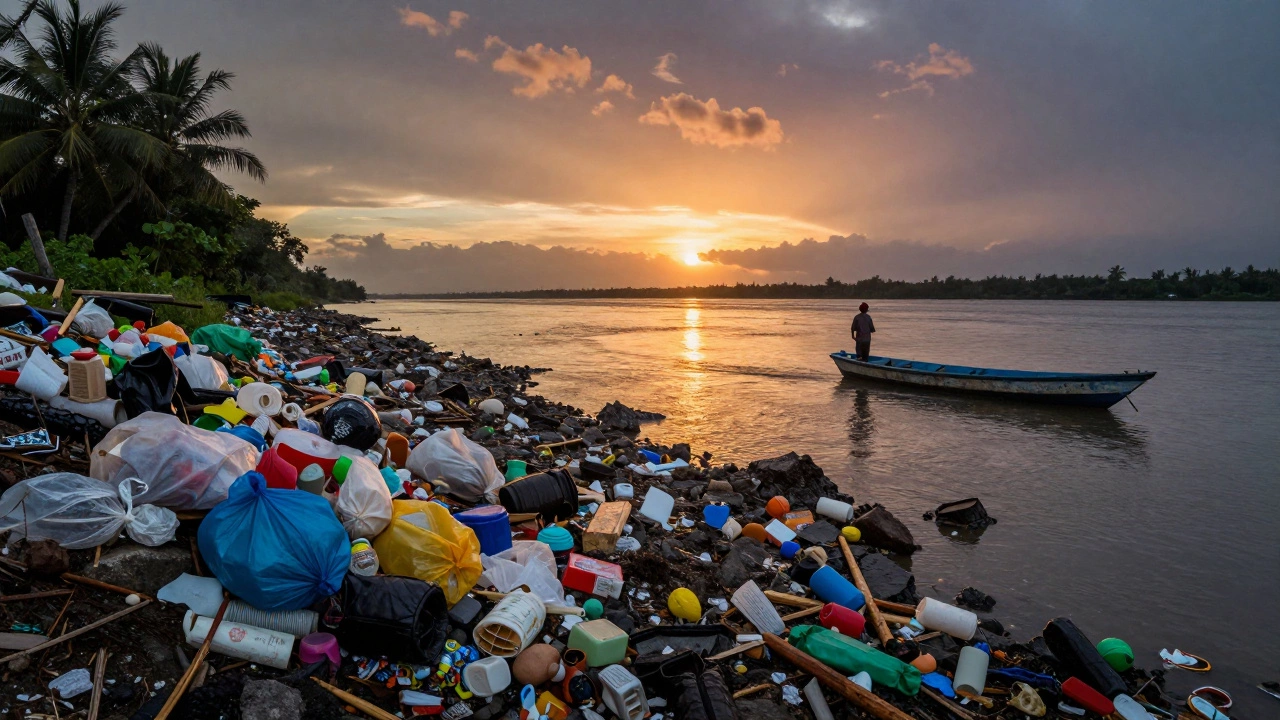 Plastic trash piled by a riverbank in the Philippines, washed away by rain.