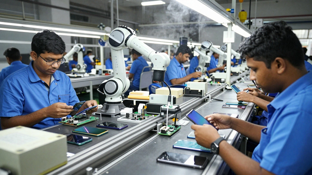 Workers and robots assembling smartphones on a factory conveyor belt in Tamil Nadu.