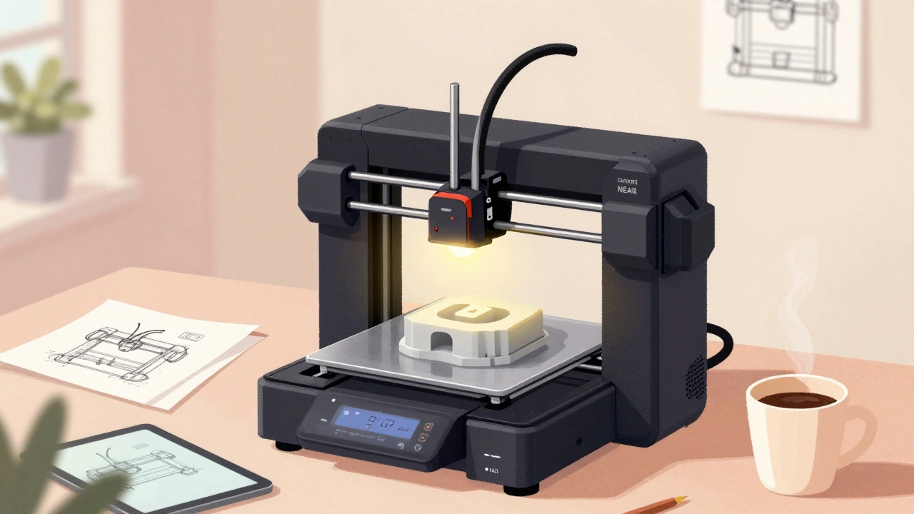 3D printer creating prototypes in a home workshop with technical sketches.