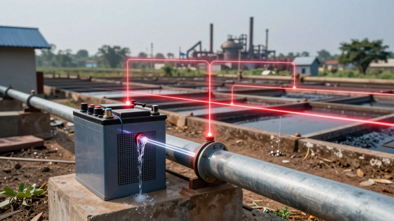 A battery powering a rural home, connected visually to industrial sulfuric acid pipelines.