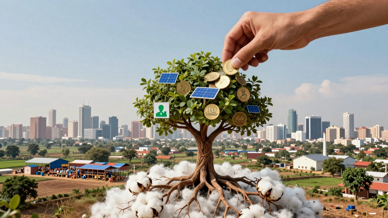 A golden tree made of cotton fibers grows from PLI incentives, sprouting symbols of exports, solar energy, and jobs across India.