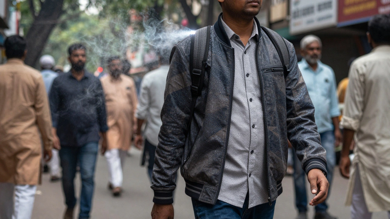 A person wearing clothing that purifies air around them using embedded nanotechnology.