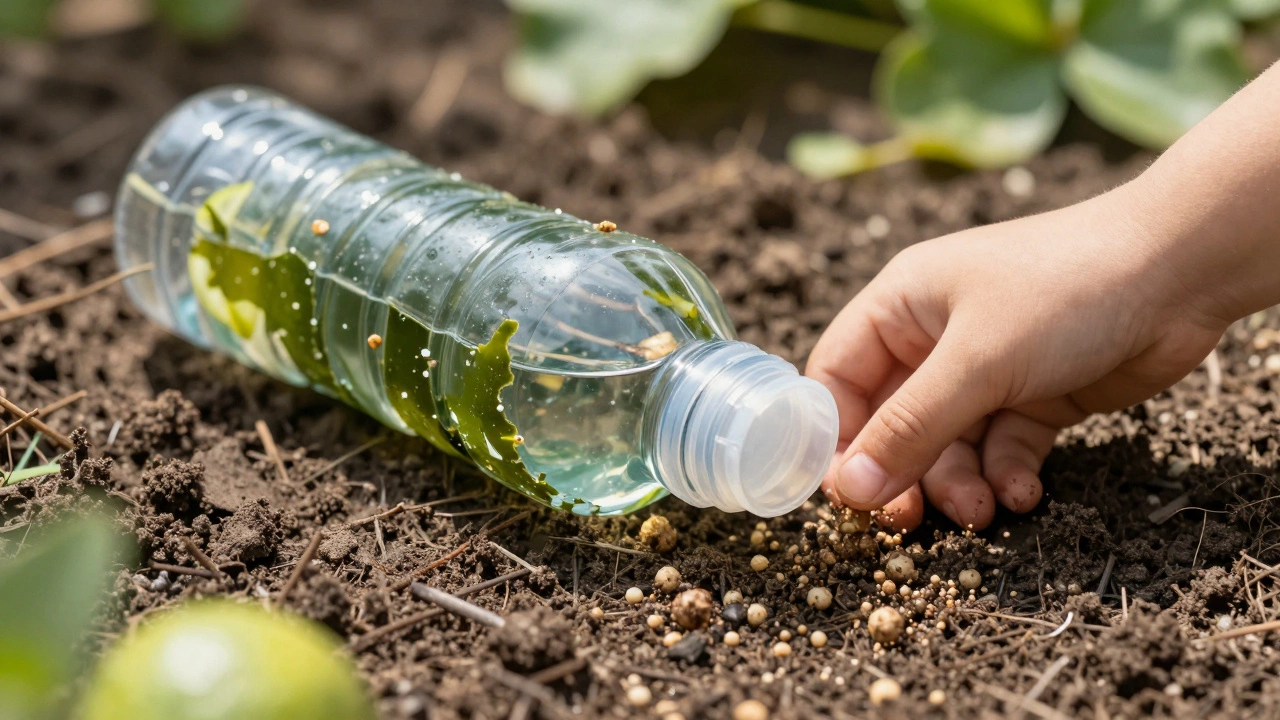 An edible water bottle dissolving into soil, with no plastic waste visible.