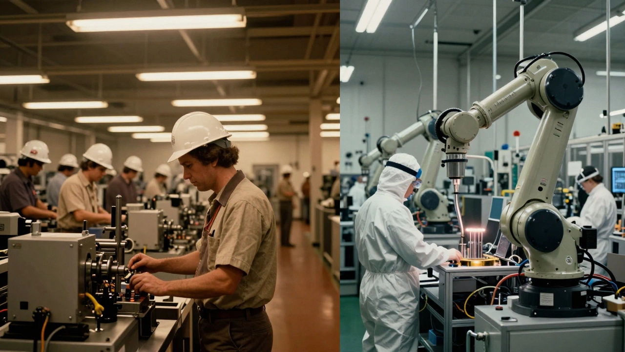 Contrast between 1970s manual factory and today's high-tech semiconductor production facility.