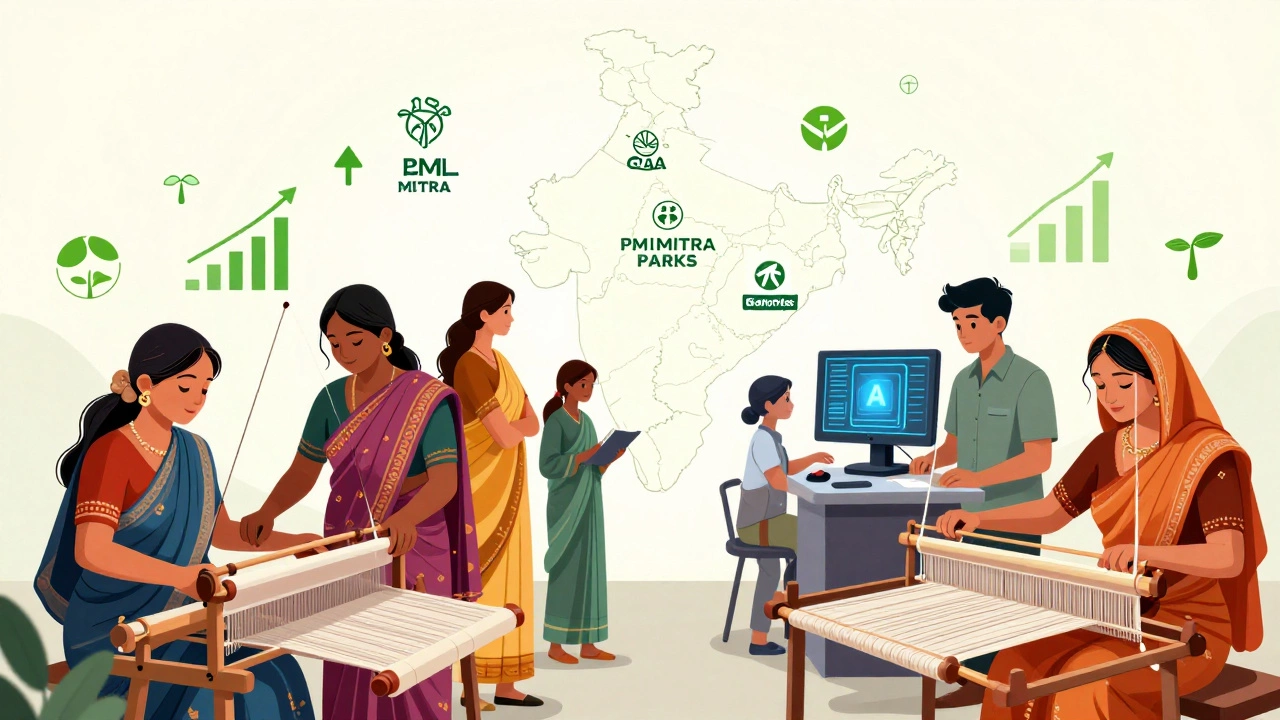 Diverse textile workers standing before a map of India showing PM MITRA parks, with export and energy symbols floating around them.