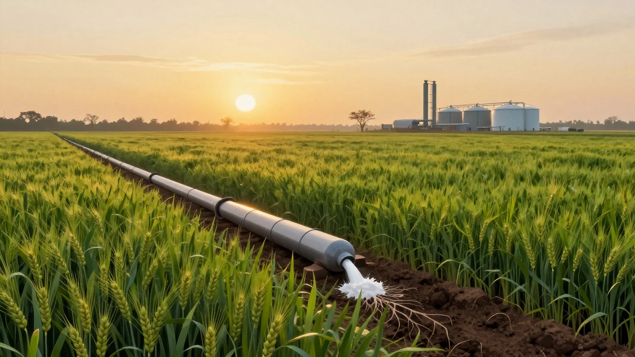 Indian farmland nourished by ammonia-based fertilizer, with cold storage units in the distance.