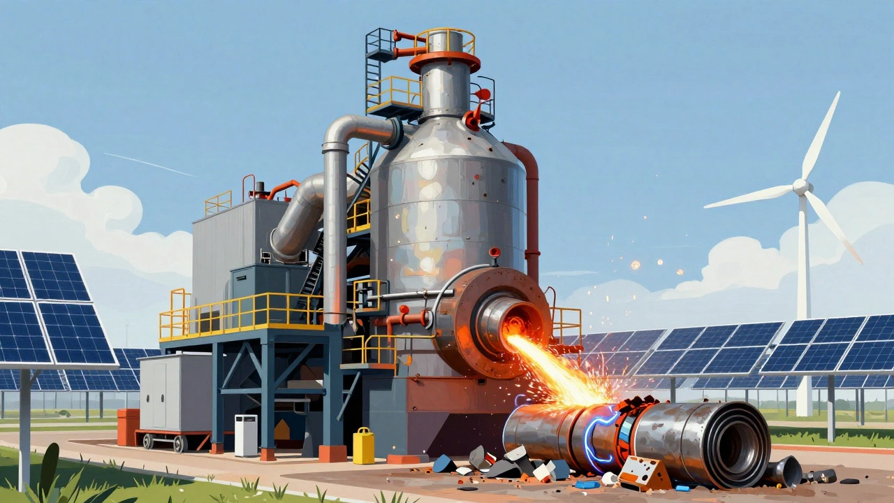 Modern electric arc furnace recycling scrap steel with renewable energy sources in the background.