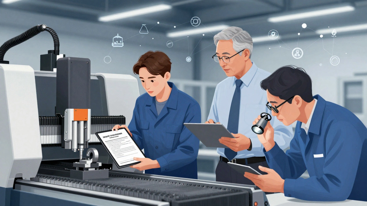 Senior technician training an apprentice on a CNC machine, with operations manager submitting a grant application and quality inspector checking a part.