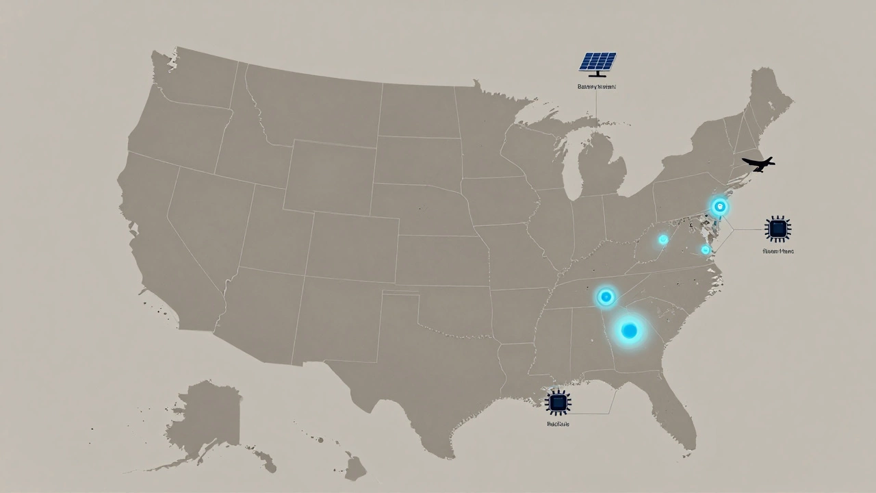 U.S. map highlighting key locations of new manufacturing plants for chips and clean energy.