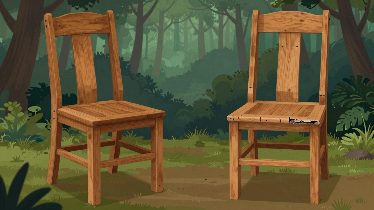 A comparison of a sturdy teak chair next to a warped sheesham chair, illustrating long-term durability differences.