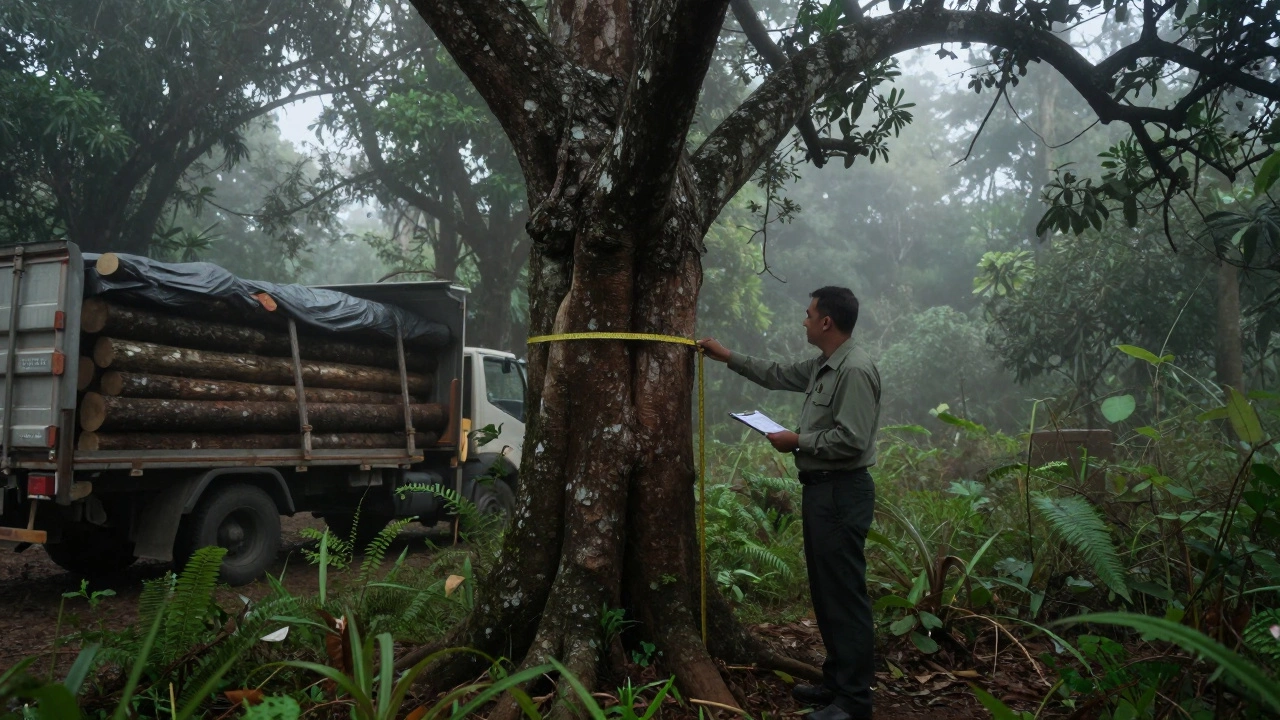 A forest official measuring an ancient rosewood tree in the Western Ghats, misty dawn, hidden logs nearby.