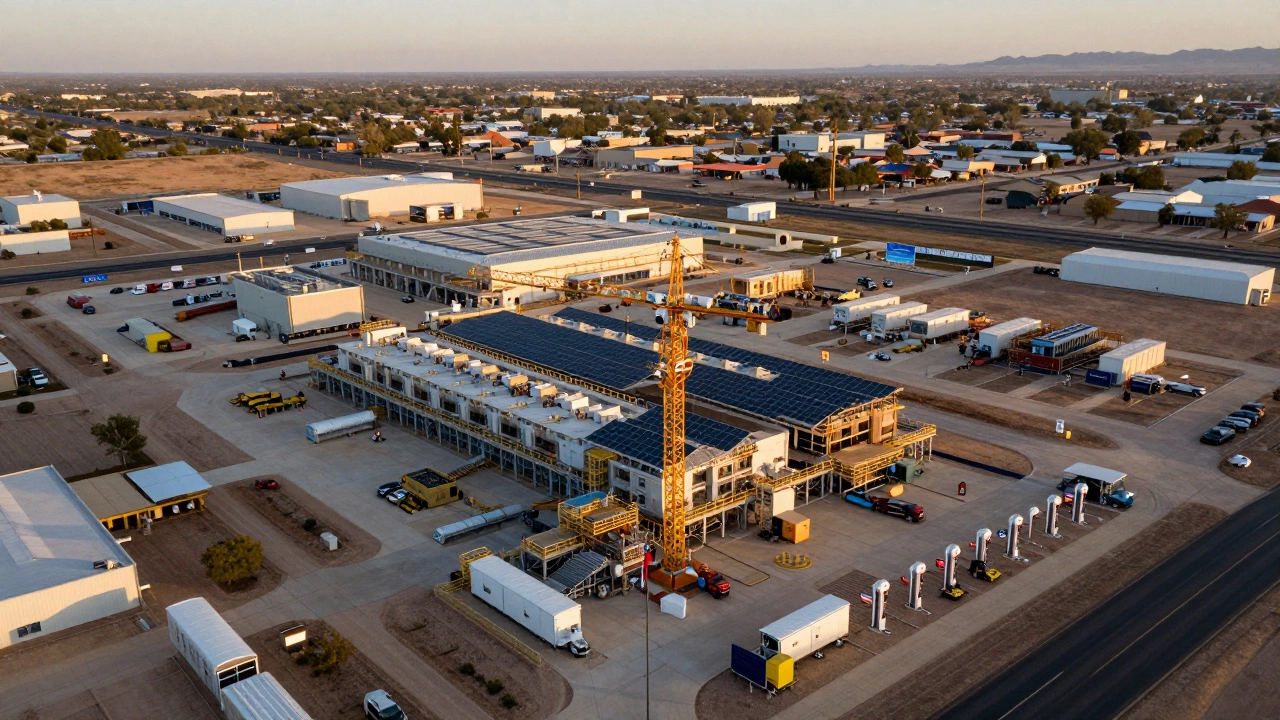 A new semiconductor plant under construction in rural Arizona with solar panels and highway access.