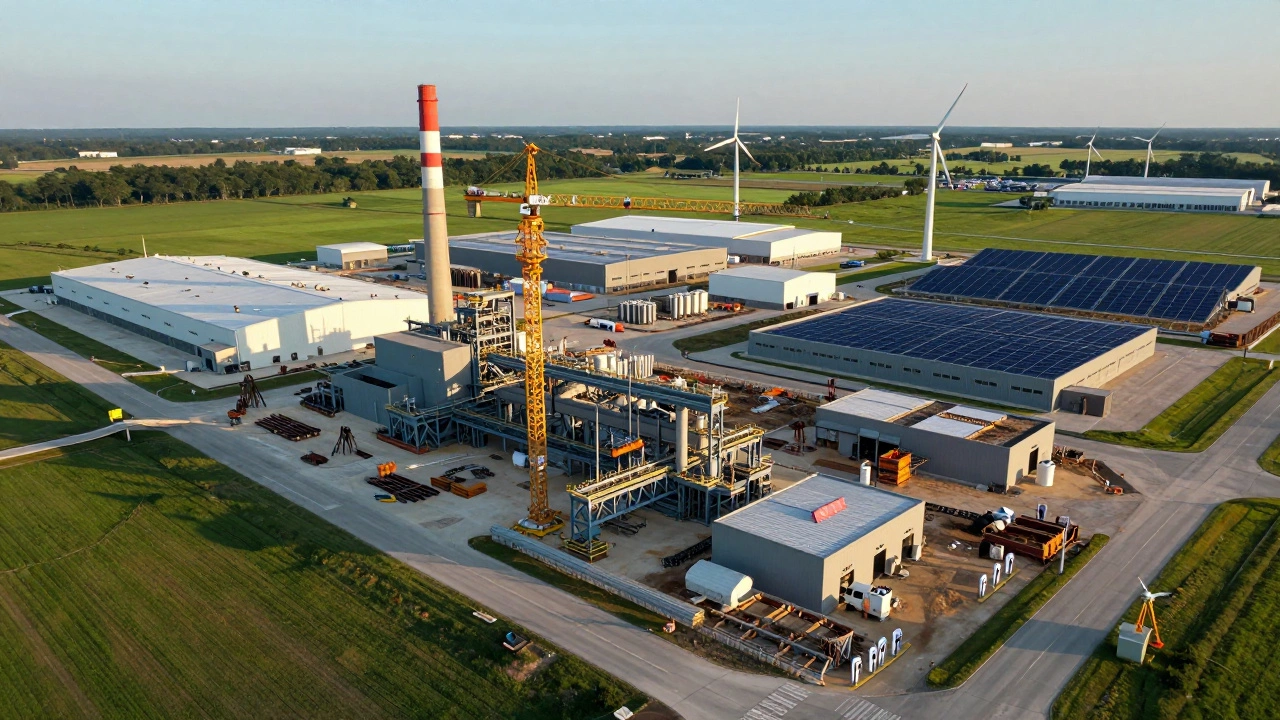 Aerial view of new manufacturing facilities rising across the American Midwest.
