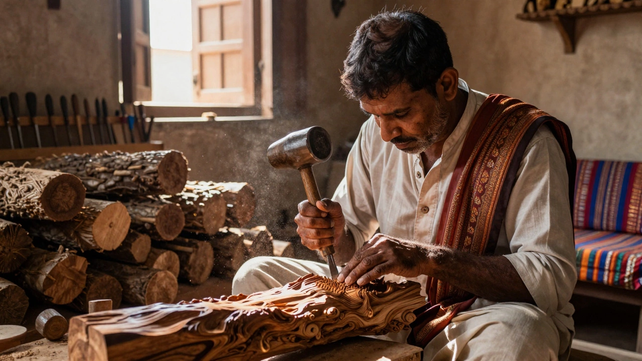 An artisan hand-carving rosewood with traditional tools in a Jaipur workshop, sunlight filtering through shutters.